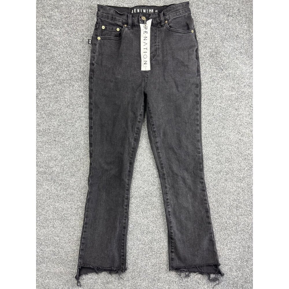 P.E Nation Denim Jeans Womens 25 Black High Rise Straight Leg Raw Hem Distressed